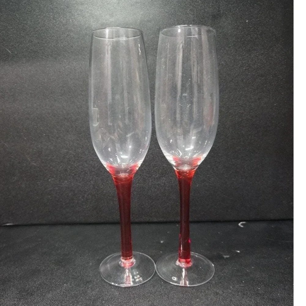 Red Stemmed Champagne Flutes, Set of 2, Hand Blown Toasting Glasses, Stemware‎